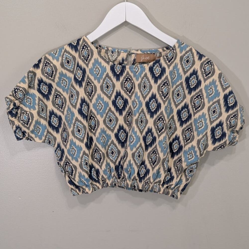 Shae Blue Ikat Cropped Top Geometric Linen Boho Geometric Layering - Size S